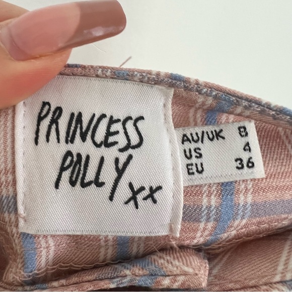 Princess Polly Sunny pink blue plaid high rise flare trouser pants Size 4 Small - Picture 6 of 7
